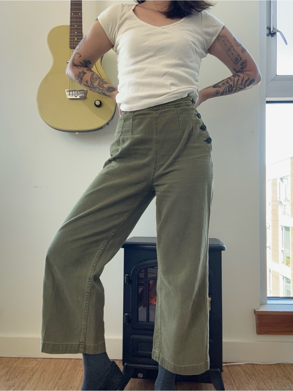 Free people olive green side button wide leg pants